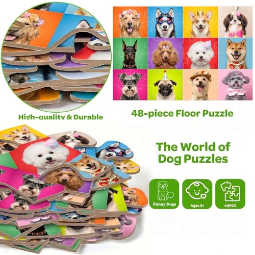 Jumbo Floor Puzzles for Kids Ages 3-5, 48 Piece Large Funny Dog Jigsaw Puzzles, Learning Educational Toys for Toddlers Ages 4-6 Preschool Educational Toys Gifts for Boys and Girls