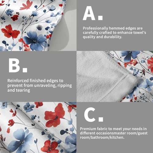 4th of July Hand Towel Set of 2, 14x28 Inch Patriotic Red Blue Floral Leaves Absorbent Soft Dish Cloth Towels for Kitchen Bathroom Home Memorial Day Independence Day Decor - color: 4th of July Wildflowers
