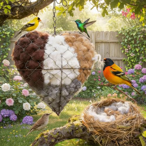 Handmade Heart-Shaped Hummingbird nest Box with Nesting Materials, Winter and Summer Outdoor Bird Watching House, Wild Bird shelter (1)