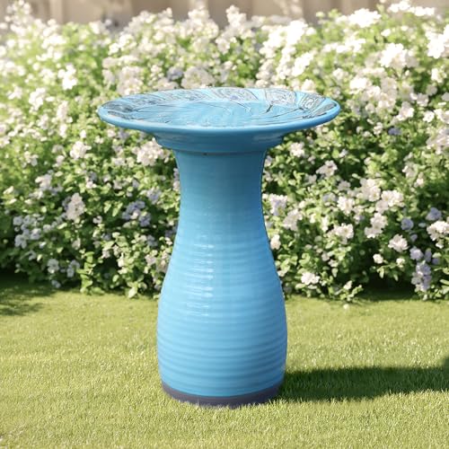 LuxenHome 20" Ceramic Bird Bath for Outside, Sky Blue Outdoor Bird Bath | Lightweight Pedestal Glazed Birdbaths for Outdoors with Leaf Pattern Design, Elegant Tall Outdoor Birdbath - color: Sky Blue