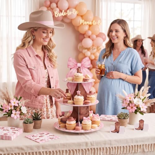 3 Tier Western Cowgirl Cupcake Stand Decoration Pink Bow Cupcake Tower Cowgirl Boots Hat Table Decoration Dessert Holder Table Display for Western Birthday Bachelorette Baby Shower Supplies - style: Cowgirl