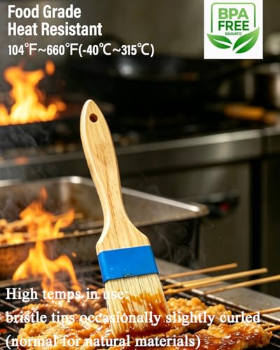 Pastry Basting Brush - Food Grade, Non-Shedding Natural Bristle, Heat Resistant Wooden Handle, Durable Kitchen Tool for Baking, Cooking, Butter, Egg Wash, Glazing, Oil, Sauce (Set of 2, 1.5", Blue)