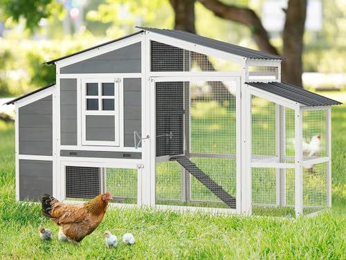 AECOJOY 81" Large Chicken Coop | Large Wooden Chicken Coop with Run&2 Nesting Boxes, Waterproof Roof Hen House Outdoor Poultry Cage - color: Grey, size: 81"L x 29.6"W x 47.3"H