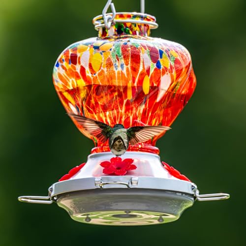 Hummingbird Feeder for Outdoors with Ant Moat, Hummingbird Feeder, Hand Blown Glass, 4 Bee Guard Feeding Ports with Perch, Outdoor Garden Décor, 16OZ, Red, Gifts for Mom Wife Dad Men Women - color: Red & Yellow