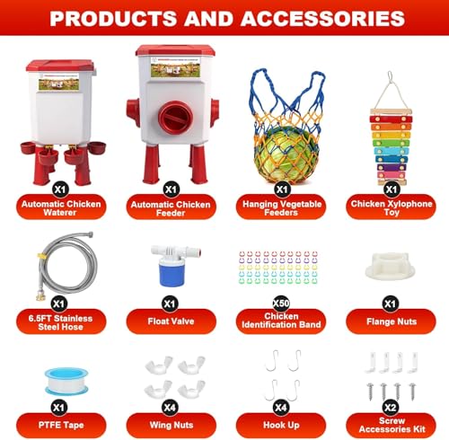 Chicken Feeder and Waterer Set, 2 Gallon Automatic Chicken Waterer with Float Valve, 26.5 Pounds Chickens Feeders No Waste with Vegetable Net & Xylophone Toy, Standing/Hanging Use for Poultry