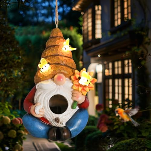 Yinns Bird House, Decorative Hanging Solar Gnome Birdhouse for Garden Decor | Birdhouses for Outdoors, Hanging Funny Bee Solar Gnome Birdhouse for Outside Cardinal Bluebird Wild Birds Nesting - color: D-Bee Solar Gnome