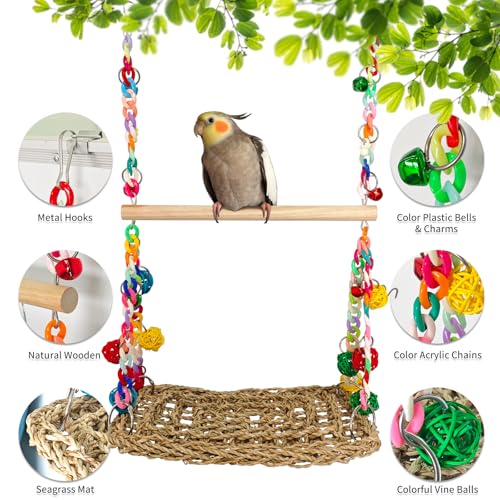 Natural Bird Swing Toys with Wood Perch, Double Layer Bird Seagrass Woven | Climbing Hammock with Chewable Perch Stand Chewing Toy for Parakeets, Budgies, Conures, Cockatiels, Lovebirds