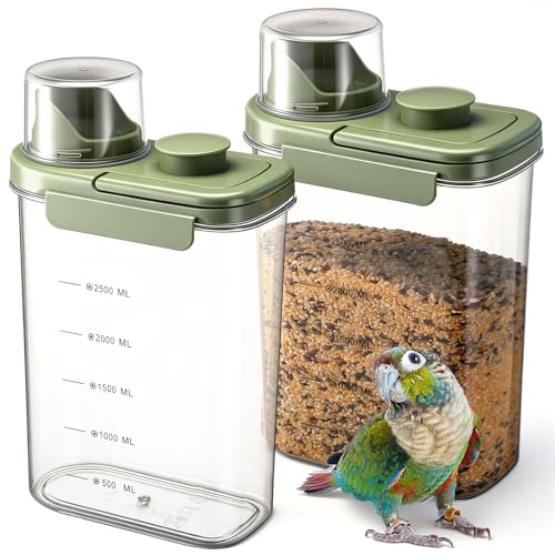 2 Pcs Bird Seed Storage Container 3 Qt/2.8 L with Tight Lids Airtight Cup Pet Food Storage Measuring Containers Lids with Pouring Spouts for Macaws African Grey Cockatoos (Green) - color: Green