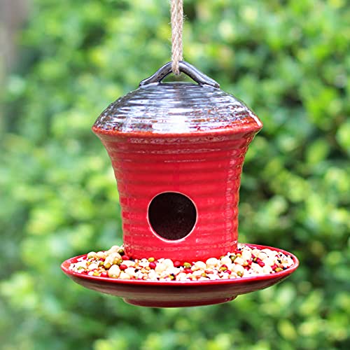 Kimdio Birdhouse Ceramic Hanging Birdhouses Bird Hut Hanging Multi-Function Outdoor Bird Feeders for Wild Birds, Finch, Cardinal, and Bluebird - Red - color: c - Red bird feeder