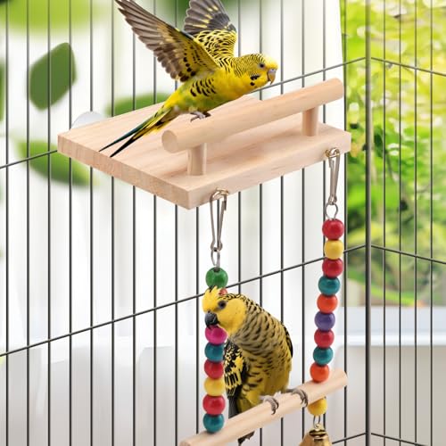 Natural Wood Bird Swing & Perch Platform for Cage | Fits Small Parrots (Budgies, Cockatiels) | Multi-Level Habitat Gym for Swaying & Hopping | Tool-Free Mount