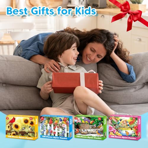 4-Pack 100 Piece Puzzles for Kids Ages 6-8 8-10 Year Old | Birds Puzzles, Large Piece Puzzle for Seniors 100 Pieces Adults Jigsaw Puzzle, Learning Educational Toys for Boys and Girls - style: Cardinals Birds Hummingbirds