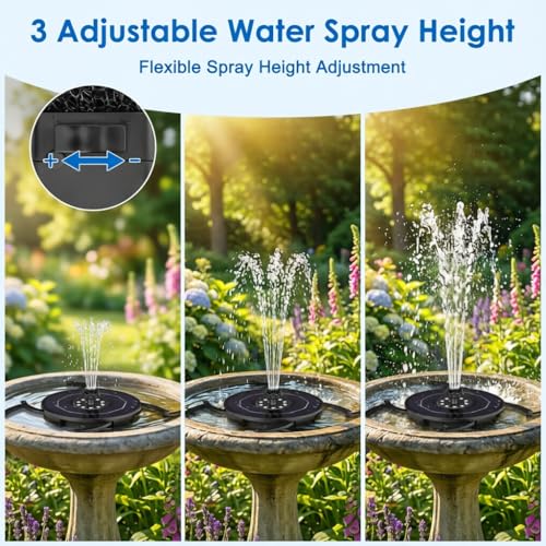 Solar Fountain with LED Lights, Solar Bird Bath Powerd Fountain Works in Cloudy & 2000mAh Battery Backup, 4 Fixed Rods, 7 Nozzles, Outdoor Water Fountain for Brid Bath, Garden, Pool, Pond