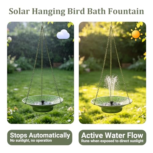 12.6" Hanging Solar Bird Bath Metal for Outside Green | Hanging Bird Bath with Solar Fountain, Hanging Birdbath Bubbler for Outdoors Backyard Patio Garden Decor - color: Green