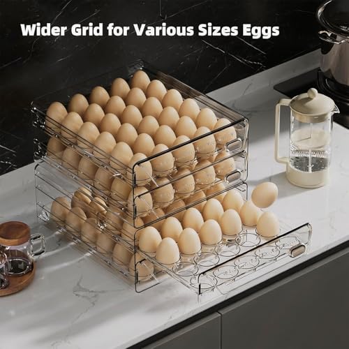 HIYOHIYO Clear 60 Grid Egg Organizer for Refrigerator with Drawers, 2-Tier | Large Capacity with Time Scale Marking | Sturdy Egg Storage for Fridge | Stackable Eggs Container for Fridge and Countertop - size: 60 Grids-2 Layer