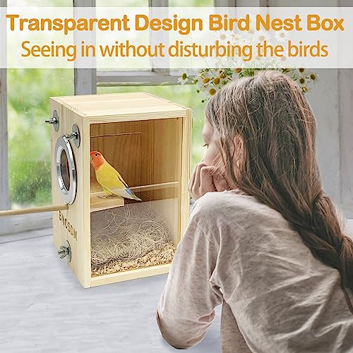 BNOSDM Parakeet Nesting Box Transparent Bird Breeding Nest Boxes Natural Wood Bird Cage (S) - size: Small