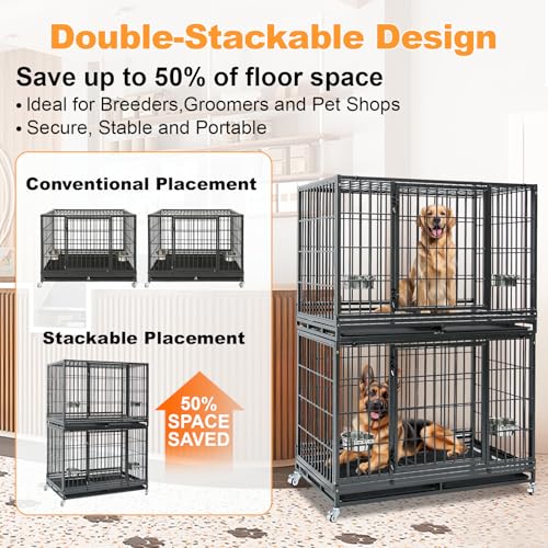 Homey Pet Large Dog Crates for Large Dogs, 47 Inch Heavy Duty Stackable Dog Cage with 2 Bowls, 4 Wheels, Double Removable Trays and Grids, Escape Proof Metal Wire Dogs Kennel Indoor - size: 47.0"L x 28.5"W x 35.0"H