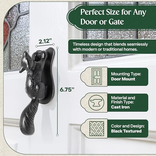 Renovators Supply Manufacturing Door Knockers for Front Door 6.75 in. Black Cast Iron Squirrel Shaped Door Knocker with Mounting Hardware - color: Black Squirrel
