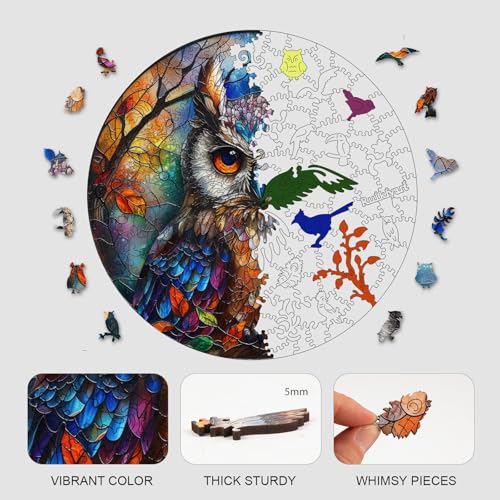 Ruikiyart Puzzles for Adults, 5MM 500 Pieces Stained Glass Owl Wood Jigsaw Puzzle, Wall Decor, Mosaic Bird Puzzle Unique Shape Challenge, Family Games for Adults Home Decoration (16.7"*16.7") - color: Colorful Owl, size: 500 Pieces