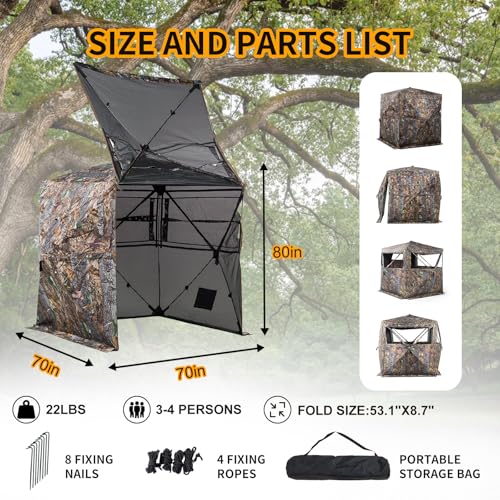Hunting Blind 270/360 See Through Deer Blind, Pop Up Ground Blind | 2/3/4 Person Camouflage Tent, Portable Concealed Shelter with Carrying Bag, Silent Sliding Windows, Windproof Bottom Layer - size: 3-4 Person, style: 360