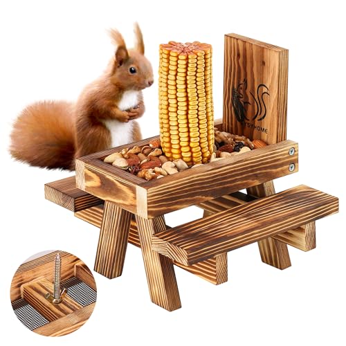 Squirrel Feeder for Outside Funny, Carbonized Wood Squirrel Picnic Table Feeder with Corn Cob Holder & Peanut Tray, Durable Picnic Table for Squirrel and Chipmunk, New Premium Gift - color: Brown