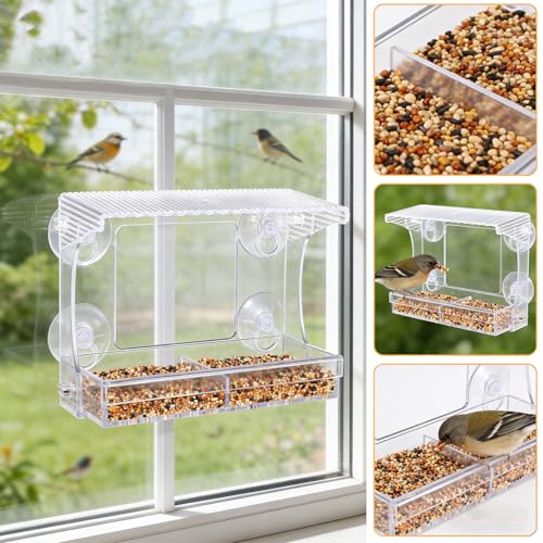 SUQ I OME Window Bird Feeder for Outdoors, Clear Acrylic | Tilted Roof, Strong Suction Cups, Rain Proof, Transparent Wild Bird Watching House