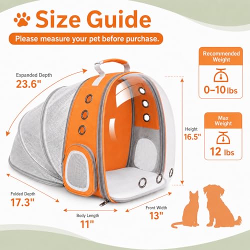 Expandable Cat Carrier Backpack with Bubble Window, Orange | Breathable mesh, anti-collapse frame, side door, safety leash and escape-resistant zippers for vet visits and outdoor travel. - color: Orange