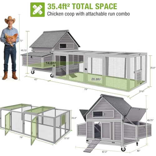 GUTINNEEN 119" Large Chicken Coop with Run, 35.4ft² Overall Space for 4-6 Chickens, Outdoor Mobile Wooden Hen House & Duck Coop on Wheels with Wire Fence Run, Removable Tray & 2 Nesting Boxes - color: Grey with Run 35.4ft²