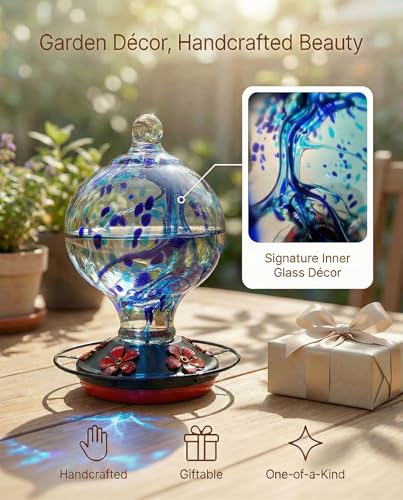 Hummingbird Feeder for Outdoors Hanging, 34 Oz, Handcrafted Gift Inner Glass Décor for Bird Garden Lover, Ant Moat & Bee-Resistant Ports, Hook & Brush Included, Ocean Blue - color: Ocean Blue