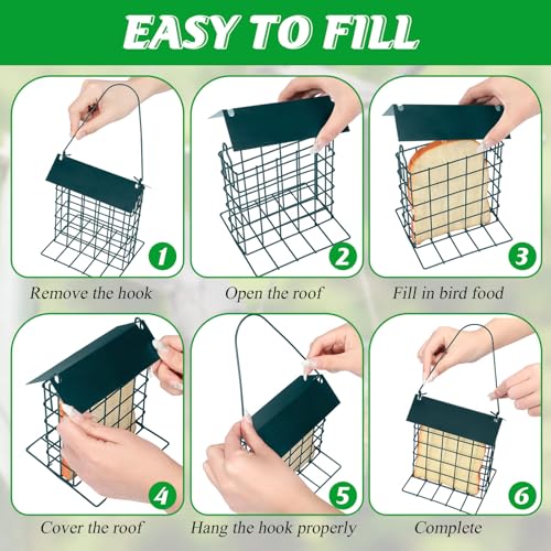 Nuogo 4 Pcs Wild Bird Feeder Squirrel Proof Outdoor Hanging Suet Holder with Metal Roof and Platform Outside Cake Suet Feeder Rainproof Cage for Oriole Hummingbird Chickadee Nuthatch(Dark Green)