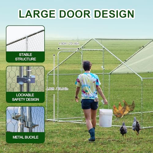 Chicken Coop Large Metal Chicken Run, Outdoor Walk-in Poultry Spire Roof Cage with Chicken Perch for Hen House, Duck Coop and Rabbit Run, Silver (9' L x 13.1' W x 6.56' H) - size: 157.5"L x 118.1"W x 78.7"H