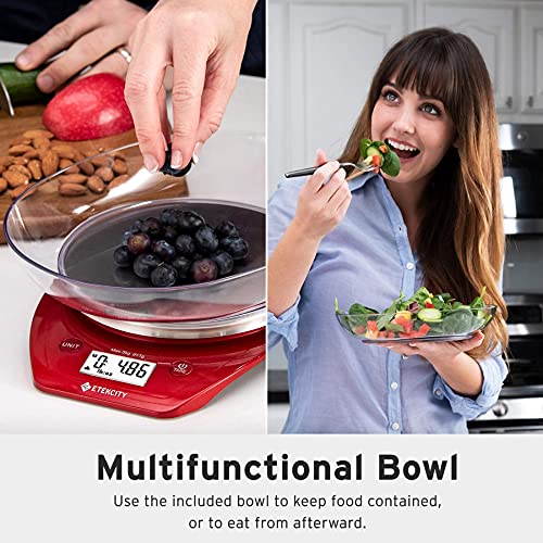 Etekcity Food Kitchen Scale with Bowl, 0.1g, Grams and Ounces | 11lb/5kg capacity with tare, removable bowl, ideal for baking, coffee, meal prep and portion control, Stainless Steel, Red - color: Chili Red