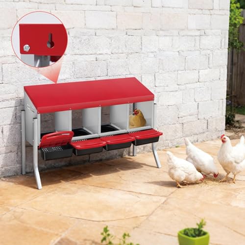 Chicken Nesting Boxes, Heavy-Duty 8-Compartment Metal Chicken Nesting Box – Removable Tray, Ventilation Holes, Easy Egg Collection, Rustproof Galvanized Steel - Red - 4 - Slot - with Legs - color: Red, size: 4 - Slot - With Legs