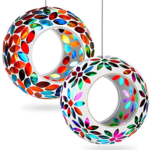 2 Pcs Mosaic Glass Hanging Bird Feeder Round Fly Through Balcony Bird Feeder for Backyard Window Outdoor Garden Deck Porch Decor - style: Elegant,Portable