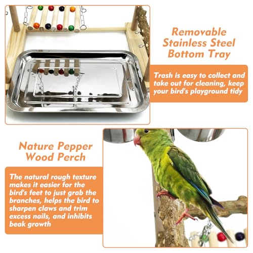 kathson Parrot Play Stand Parakeet Playground Bird Jungle Gym Wood Conure Playstand Hanging Chewing Toys with Feeder Cups and Swings Bird Cage Accessories for Cockatiel Lovebirds Budgie