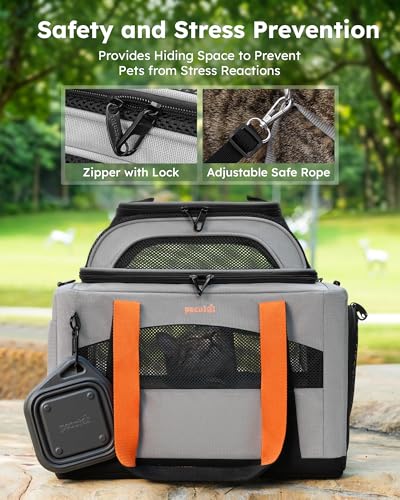 Pecute Cat Carrier,Top Expandable Dog Crate for Travel, Grey | 5mm Anti-Collapse Steel Frame, Soft Mesh, Vet Visits, Foldable Travel Crate,Outdoor Hammock, Leakproof Pee Pad & Bowl - color: Grey