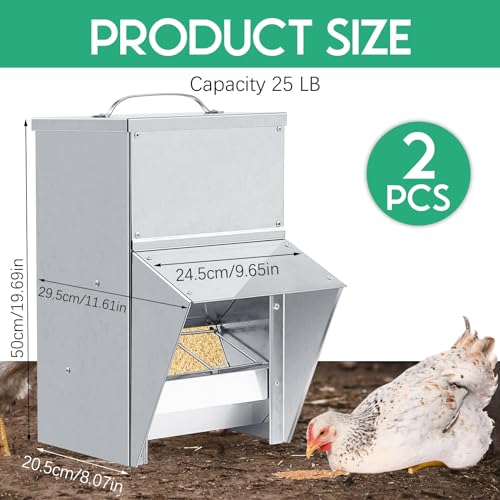 Uiifan 2 Pcs 25 lb Galvanized Chicken Feeder Weatherproof Poultry Metal Food Dispenser with Lid Chicken Duck Food Dispenser Rat Proof Feeder for Poultry Geese Quails Bantams Ducks and Turkey - size: 25 lb