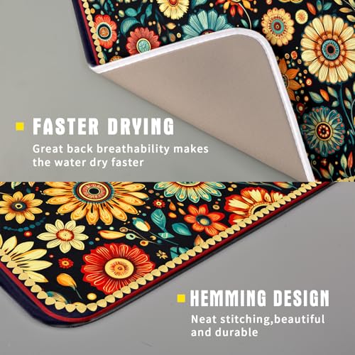 Bohemian Style Flowers Drying Pad Boho Floral Dish Drying Mat for Kitchen Counter Absorbent Microfiber Drainer Rack Mat - color: Boho Floral Black, size: 18" x 16"