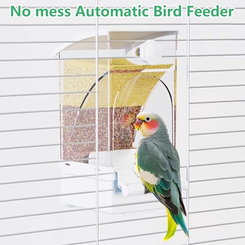Hamiledyi Automatic Bird Feeder No Mess Bird Cage Feeder Transparent Acrylic Parrot Seed Food Container with Perch Cage Accessories for Parakeet Finch Lovebirds Budgies Canary (White) - color: White Transparent