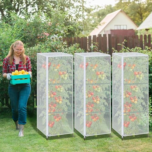 6 Pack Tomato Cage Covers, 18" x 60" Fine Mesh Plant Covers with Zipper & Drawstring, Reusable Garden Netting Protector Against Birds, Insects & Animals for Tomatoes, Peppers, Cucumbers