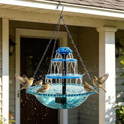 3-Tier Solar Powered Hanging Bird Bath Fountain Cascading Water Feeder for Hummingbirds Wild Birds[16.4FT/Extra Long Cord] for Outdoor,Garden, Patio Decor