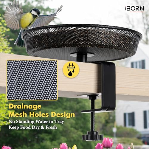 iBorn Deck Bird Feeders for Outdoors,Platform Bird Seed Tray with 5.5 lbs Capacity,Balcony Porch Railing Bird Feeder, Drainage Mesh Holes,Tilt-Proof, Windproof, Anti-Loosen, Easy to Refill&Clean,Black