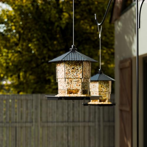 Hanging Bird Feeder for Outdoors,Large Hopper Squirrel Proof Birdfeeder for Cedar,Red,Cardinal,Blue Jay and Wild Birds,Easy to Feel Birdhouse & Bird Seed Feeder & Gazebo for Outside,Tree,Black