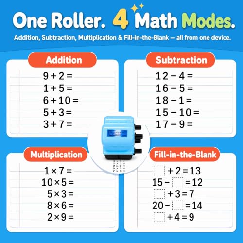 GoldenEgg Math Teacher 4-in-1 Math Roller Stamp, Addition, Subtraction, Multiplication & Fill-in-the-Blank Practice Tool for Kids, Classroom & Home Use (Blue) - color: Blue
