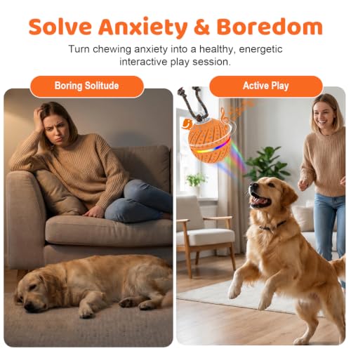 Smart Interactive Dog Toys Ball for Aggressive Chewers Medium Large,E-TPU | Auto-Moving & Bouncing Ball, 2 Modes with RGB Lights & Bird Sounds,Bite-Resistant Rope, IP54 Waterproof, Type-C Fast Charge