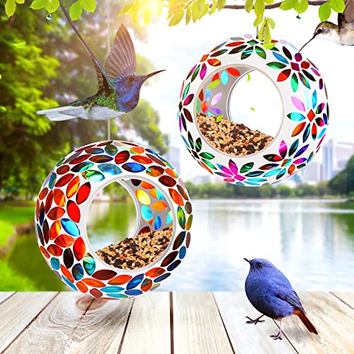 2 Pcs Mosaic Glass Hanging Bird Feeder Round Fly Through Balcony Bird Feeder for Backyard Window Outdoor Garden Deck Porch Decor - style: Elegant,Portable