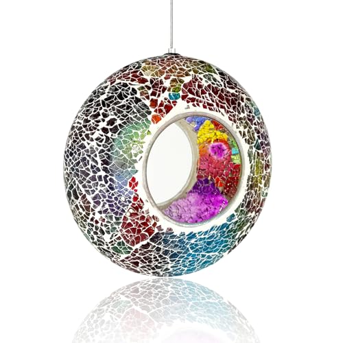 Hanging Bird Feeders for Outdoor Glass Mosaic Fly Through Wild Bird Feeder Round Shape Birdfeeder for Outside Garden Yard Patio Decoration Multicolor - color: Multicolor
