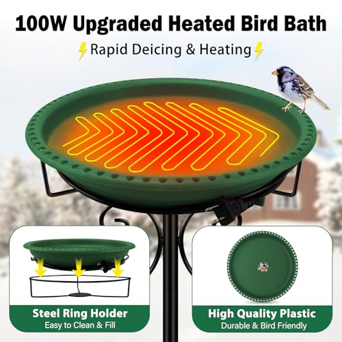 Daoeny Heated Bird Baths for Outdoors, Upgraded 100W Thermostatically Controlled Heated Bird Bath with 5-Prong Metal Base, Heated Bird Bath for Outside Winter Garden Patio Yard Lawn(Green) - color: Green