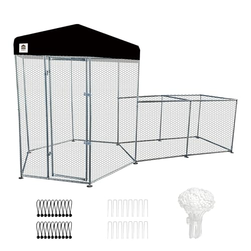 Hexagonal Metal Chicken coop with Cover for Yard, 12.5x6x7.5ft Large Chicken Run for 8 Chickens, Walk-in and Weatherproof Design Duck Pen, Thickened Black UV Protection Cover - size: 150.0"L x 90.0"W x 71.0"H