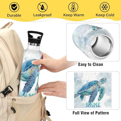 Custom Name Sea Turtle Pattern Water Bottle for Men Women Personalized Text Insulated ‌Stainless Steel Water Bottle with Straw Lid for School Sport 20 Oz - color: custom sea turtle pattern