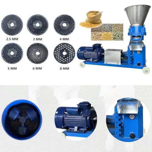 110V Feed Pellet Mill Machine 3 Head Rollers Pellet Maker Machine | for Chicken Duck Poultry Livestock Farm Animal, 200KG/H, 5.5KW, w/Air Switch, Splash Plate, 2.5/3/4/5/6/8mm Grinding Discs